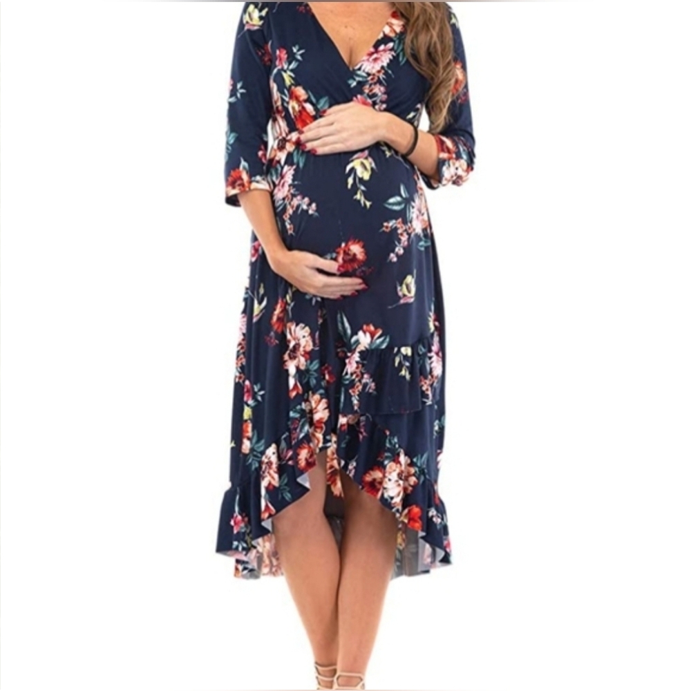 Beeuniq Floral Navy High-Low Maternity Dress Sz M